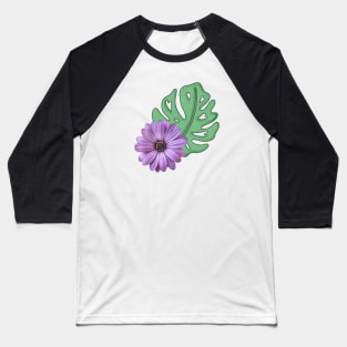 Monstera Leaf and Purple Daisy - Swiss Cheese Leaf Baseball T-Shirt